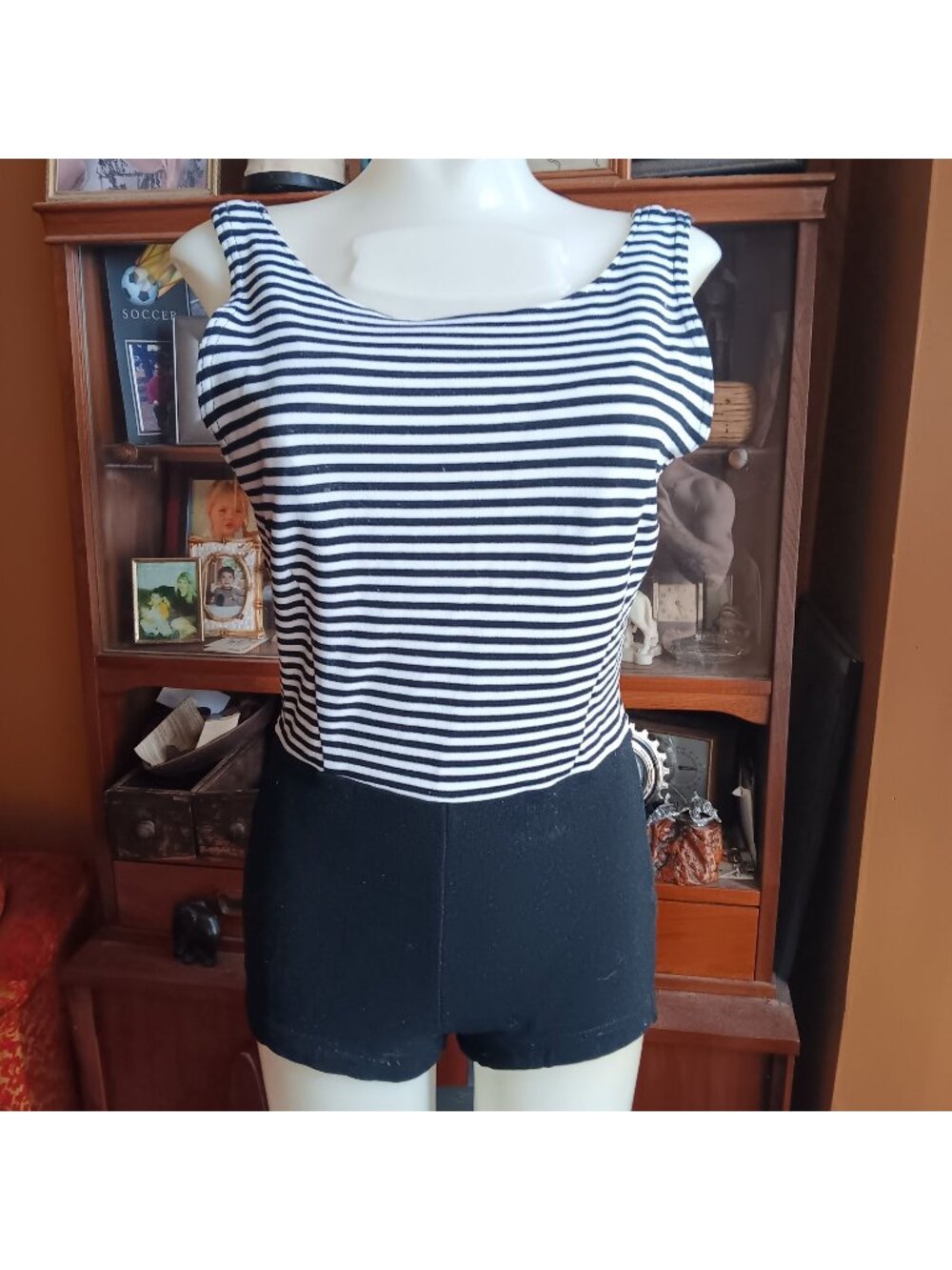 Low Back sz 12 True Vintage Swimsuit Black White Striped Womens Built-In Padding